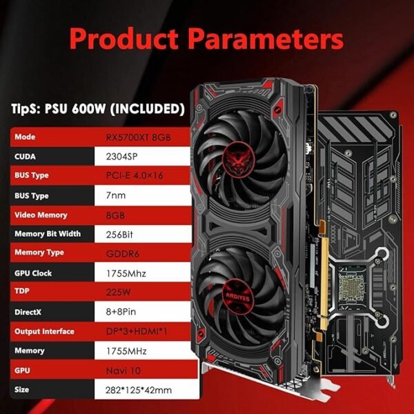 RX 5700 XT 8GB Graphics Card, GDDR6 256-Bit DirectX 12,3*DP and 1*HDMI Port PCIe4.0 2K Graphics Card for Gaming PC, Video Card for Office Tarjeta Gráfica with Dual Cooling Fans