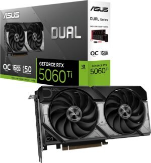 81kYKB0Aj5L._AC_SL1500_ ASUS Dual GeForce RTX™ 5060 Ti 16GB GDDR7 OC Edition (PCIe 5.0, 16GB GDDR7, DLSS 4, HDMI 2.1b, DisplayPort 2.1b, 2.5-Slot Design, Axial-tech Fan Design, 0dB Technology, and More)